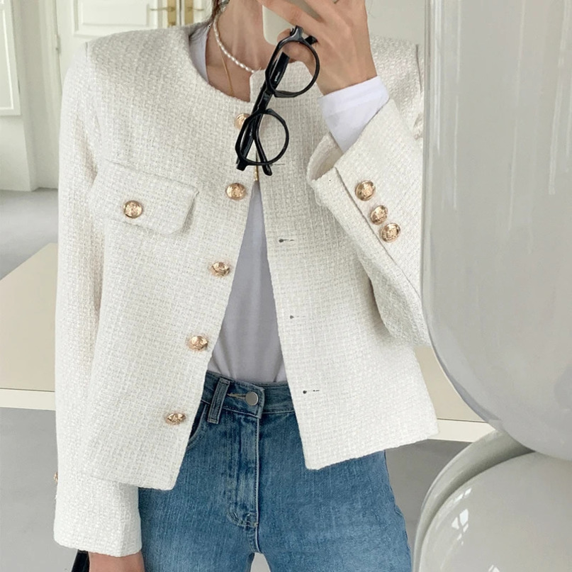 French Wool Tweed Coat Fashion Highend Gold Button Short Slim Temperament Autumn Winter Korean Coats Women Jacket Korea 240307