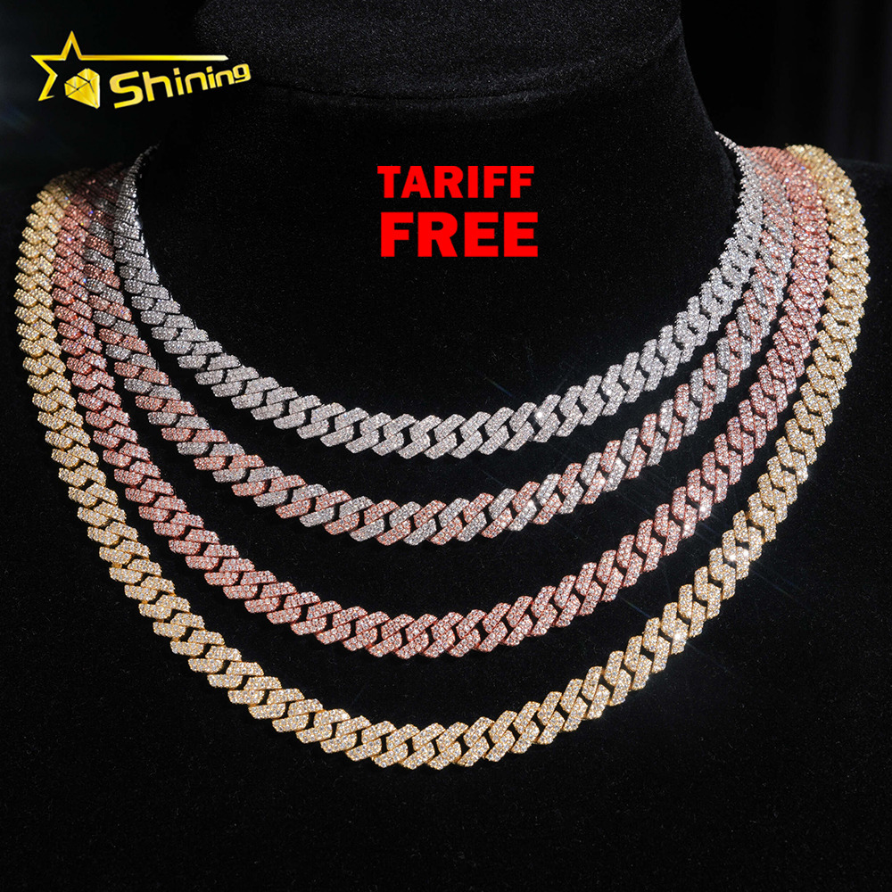 Hot Sale VVS Iced Out Moissanite Pass Diamond Test 925 Silver Gold Hip Hop 2Rows 8mm Cuban Link Chain Necklace Fine Jewelry