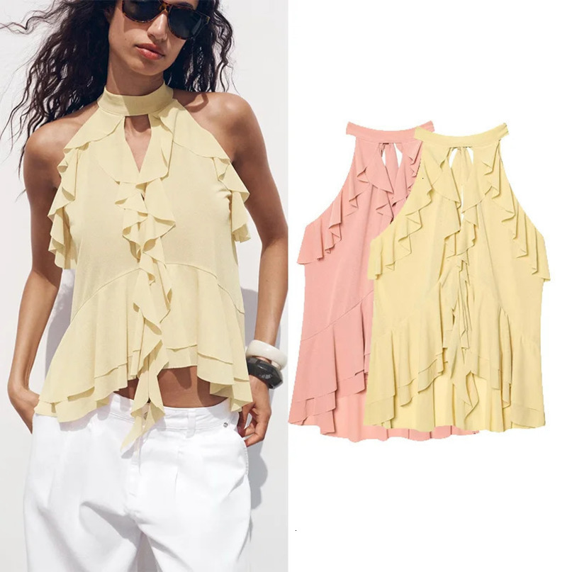 TRAF Women Tiereed Top Summer Ruffied Halter Camisole Waistcoat Womens With Tie Hollow Out Lady Tops 250515