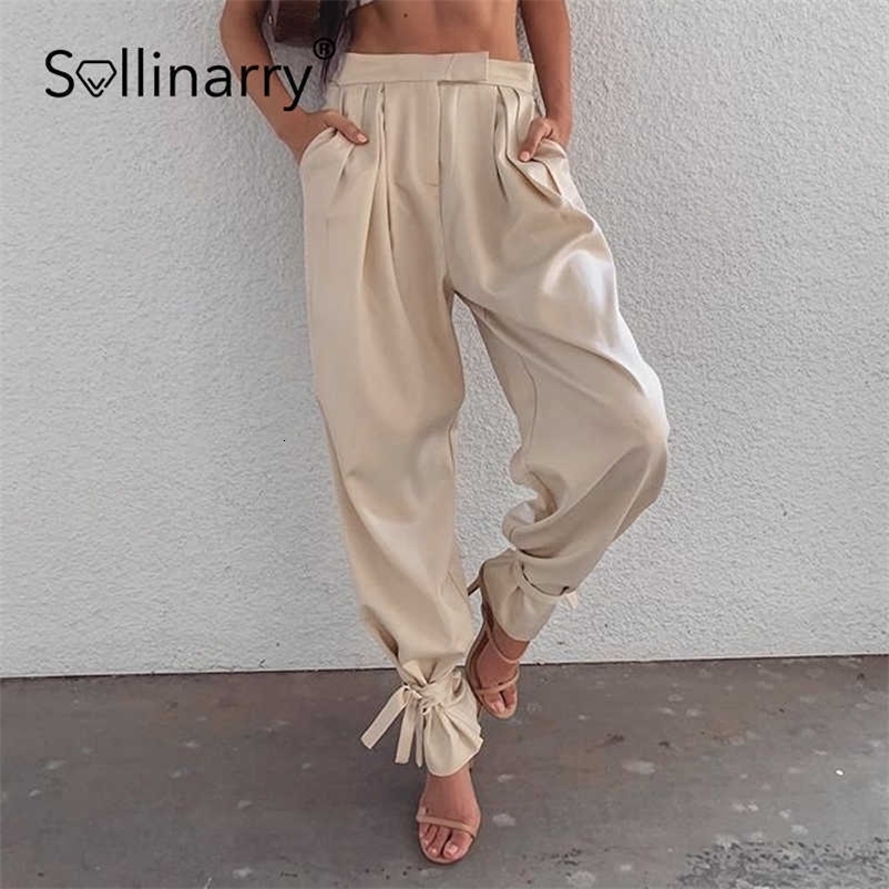 Sollinarry Fashion loose trousers elegant High street satin drape hem sash pants spring Chic office lady outfit female bottom 210709