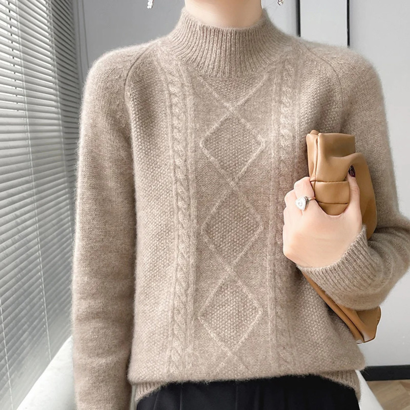 Diamond shape Autumn/Winter 100% Merino wool pullover Cashmere sweater Womens half turtleneck pullover warm bottomknitshirt 241217