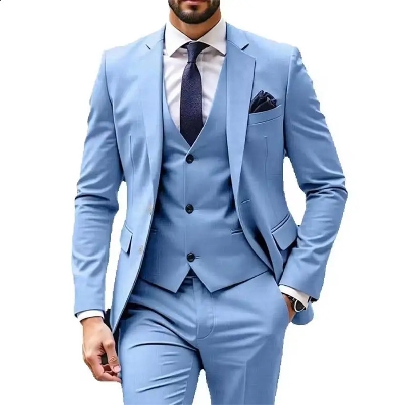 Light Blue Men Suits 3 Piece Jacket Pants Vest Single Breasted Notch Lapel Formal Wedding Blazer High Quality Costume Homme 250517