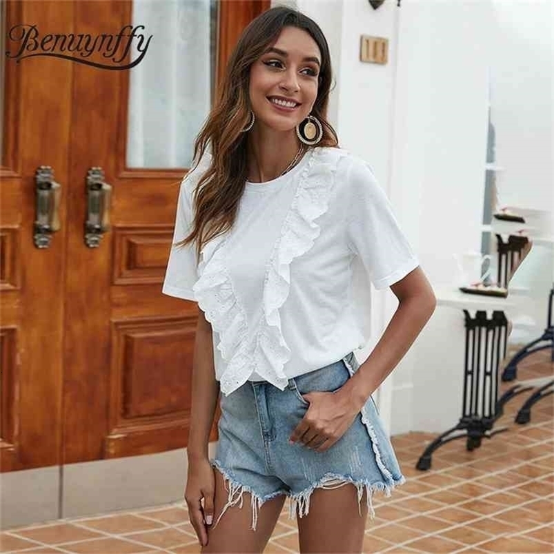 Beige Ruffle Trim Summer Top Blouse Women Solid O-Neck Short Sleeved Ladies Casual Womens Tops And Blouses 210510