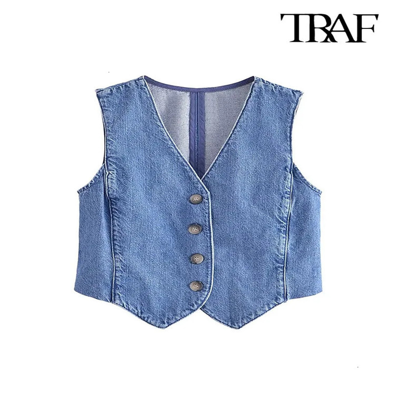 TRAF Women Fashion Front Button Denim Waistcoat Vintage V Neck Sleeveless Female Outerwear Chic Vest Tops 240523