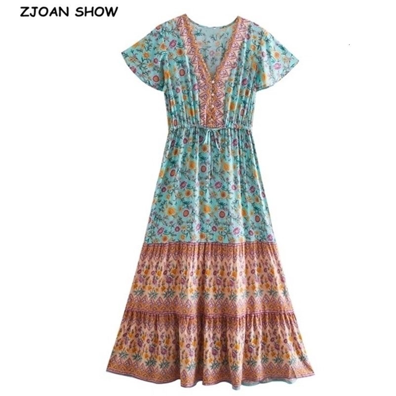 Bohemia Buttons Contrast Color Floral print Dress Summer Holiday WomanShort Sleeve Adjust Strappy Maxi Long Beach 210429
