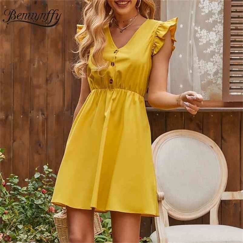 V-neck Button Front Solid Mini Dresses Women Summer Ruffle Sleeve High Waist Female Casual A-Line Dress 210510