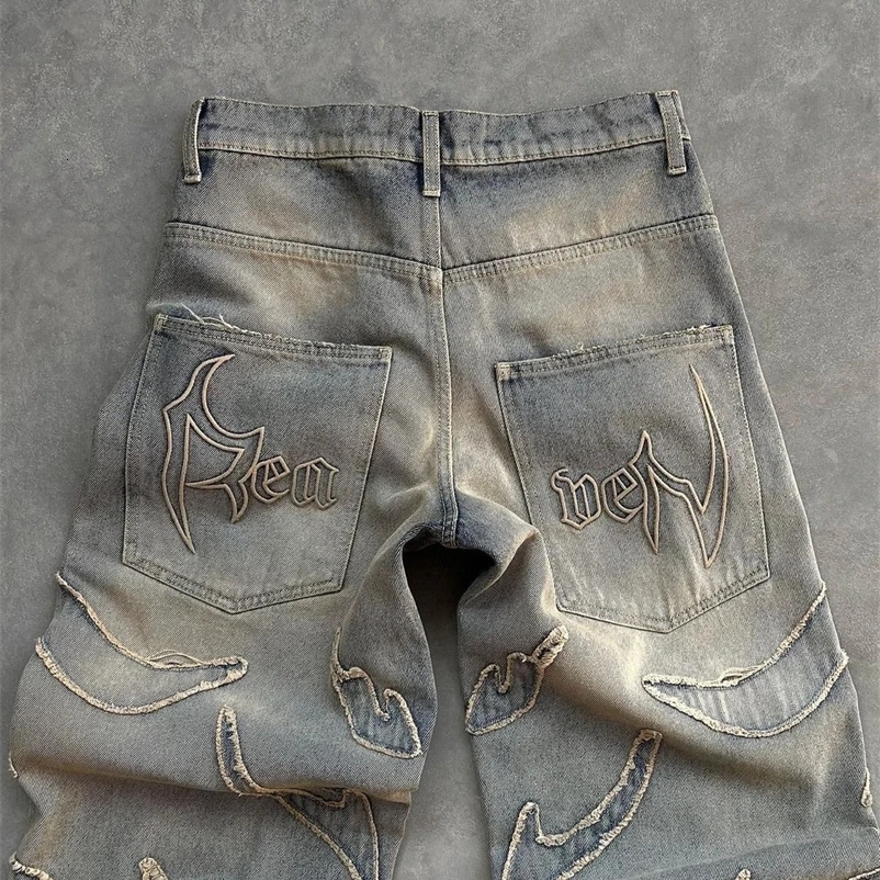 Streetwear Distressed Patchwork Baggy Jeans for Men Y2k Vintage Raw Edge Embroidery Denim Pants Women Straight Wide Leg Trousers 240717