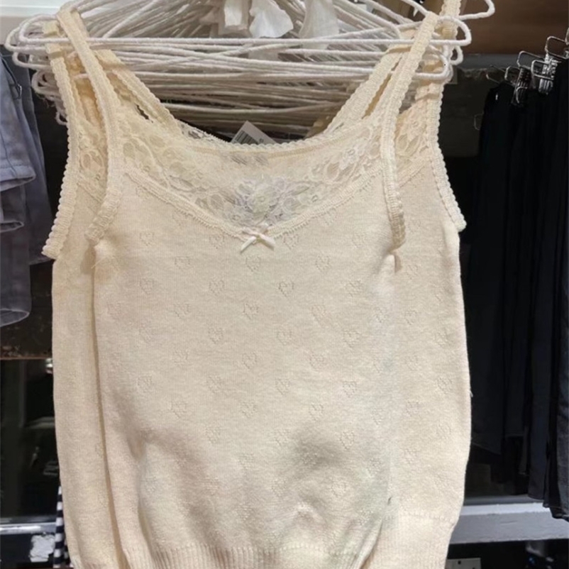 Camisoles Tanks Casual Women Beige Lace Slim Camisole Summer Fashion Ladies Spice Female Knitted Sleeveless Top 230426