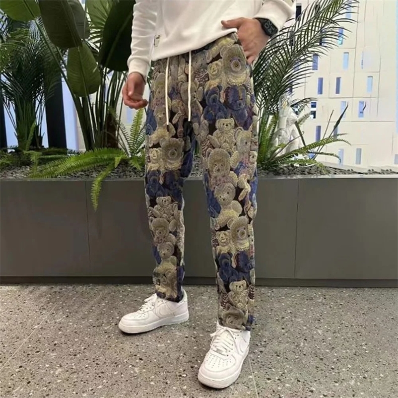 Autumn Mens Bear Embroidered Y2k Ankle-Tied Pants Essential Casual Trendy Youth Fashion Street Slim Leggings For Men 240717