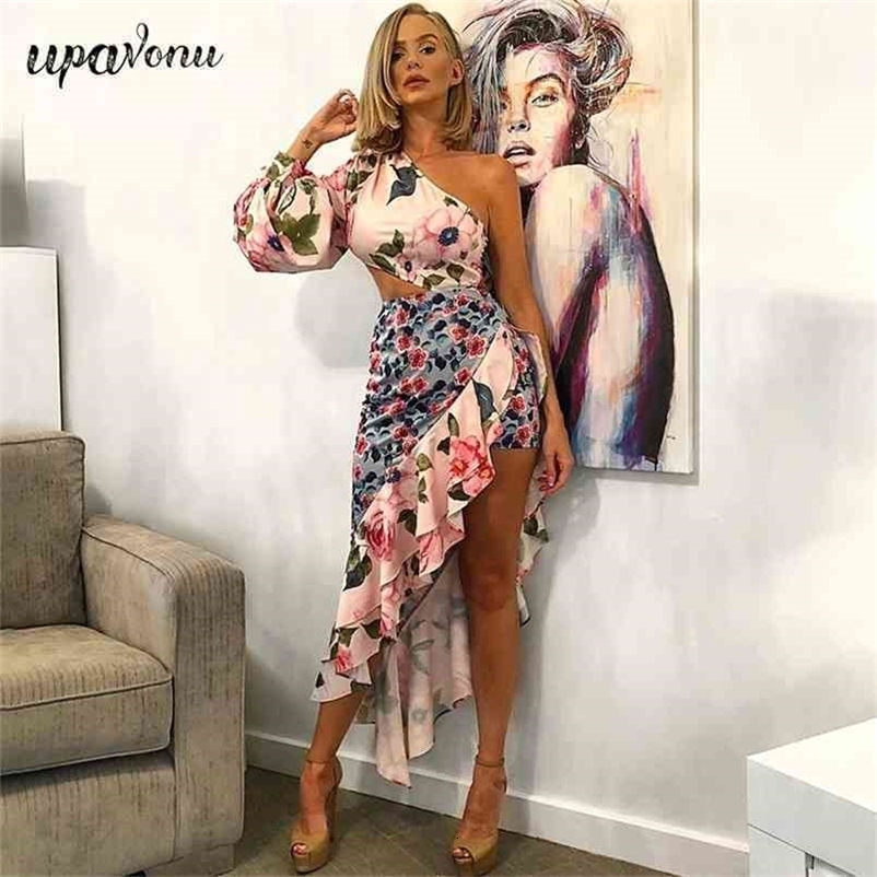 Free Printed Skirt Set Women Sexy Slanted Shoulder Lantern Long Sleeve Top & Irregular Ruffled Midi Two-piece 210524