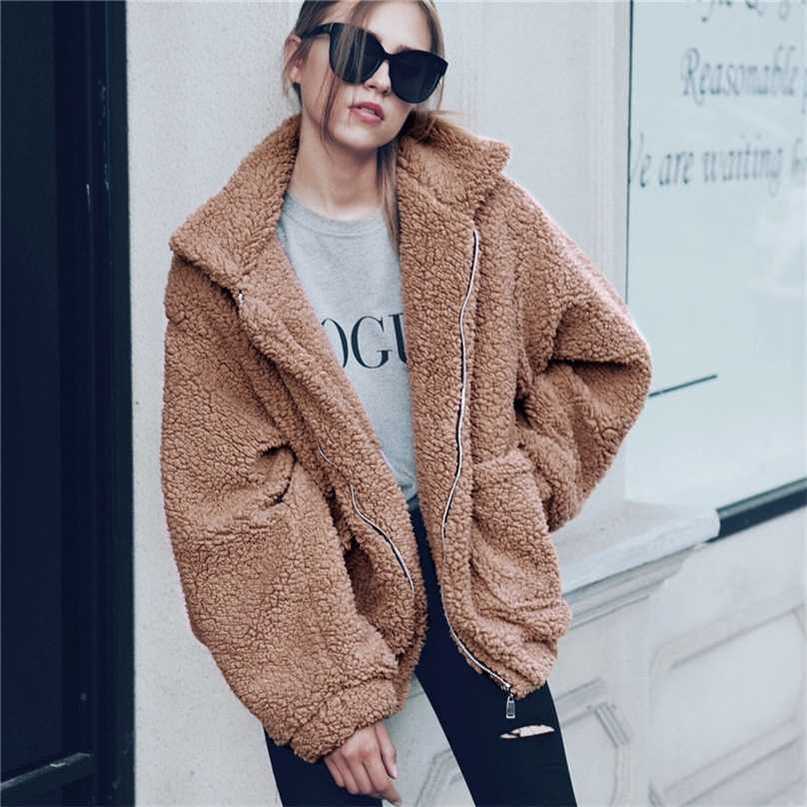 Elegant Faux Fur Coat Women Autumn Winter Thick Warm Soft Fleece Jacket Female Pocket Zipper Overcoat Bear Teddy Coat 3XL 211123