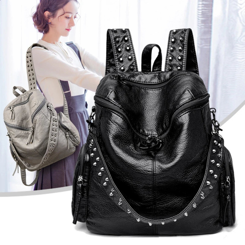 Real leather womens backpack large capacity travel fashion rivet school bag Mochilas Mujer Rucksack 240903