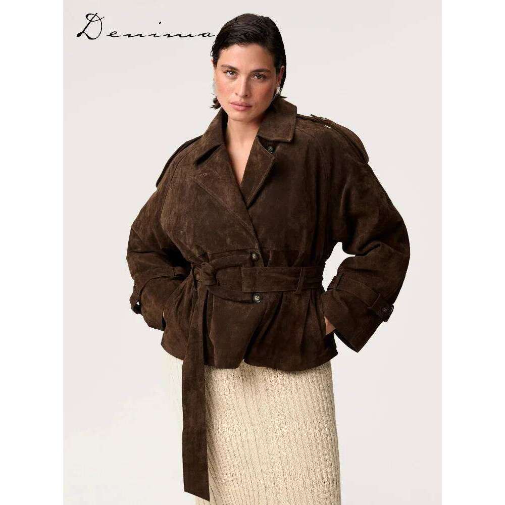 Vintage Lace Up Brown Suede Women Belt Loose Lapel Single Breasted Full Sleeve Jacket 2025 Autumn Lady Street New Outwear