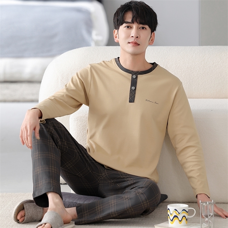 Men's Sleepwear est M-4XL 100% Cotton Pajamas Set Men Long Sleeve Sleepwear Pyjamas Solid Autumn Home Clothes 230320