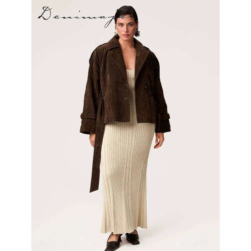 Vintage Lace Up Brown Suede Women Belt Loose Lapel Single Breasted Full Sleeve Jacket 2025 Autumn Lady Street New Outwear