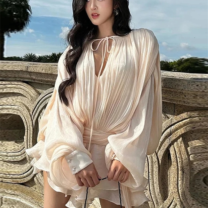 Elegant Ruffle Mini Dress for Women 2025 Early Spring Fashion O-neck Lantern Sleeve Hollow Lace Womens Dress with s 250103