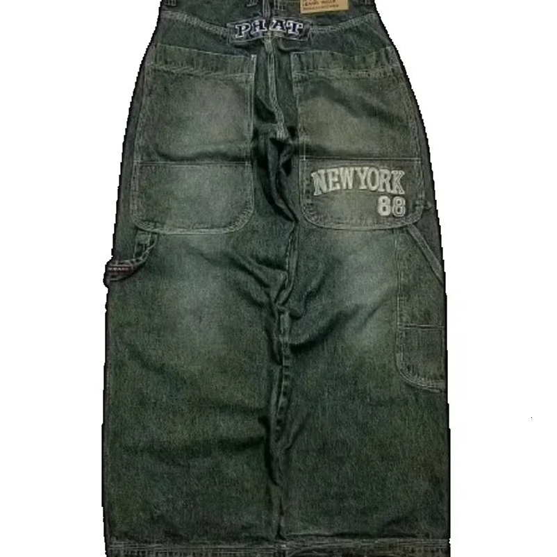 Street Y2K multi pocket letter embroidered transparent spotted jeans Harajuku womens casual clown straight wide leg jeans couple jeans 250422