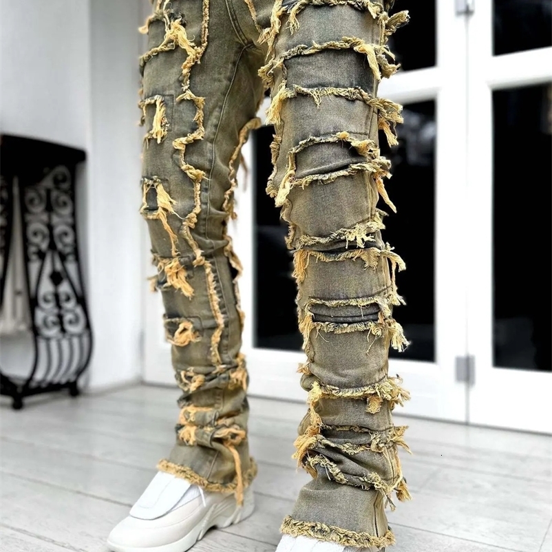 Stretchy Vintage Blue Stacked Jeans For Men Premium Raw Frayed Denim Destroyed Washed Patchworks Pants 240912