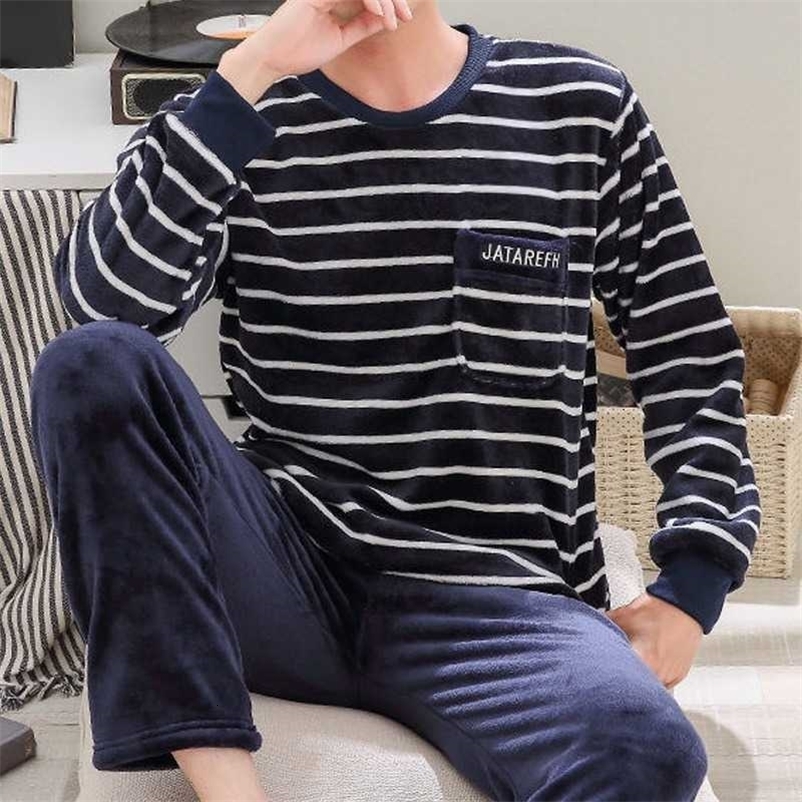 Winter Warm Pyjamas Men's Pajamas Flannel Pijama Suit Cartoon Comfortable Aunt's Home Service Sleepwear Two-piece Suit pajamas 211019