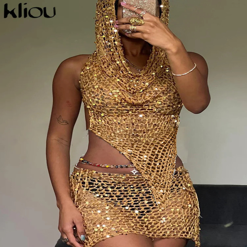 Kliou Woven Hooded Solid Two Piece Set Bronzing Sleeveless Asymmetrical Bandage Backless TopsMatching Hip Skirts Stunning Suits 240423