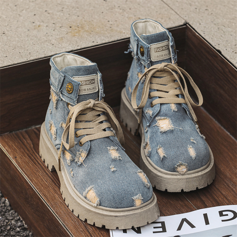 Designer shoes free shipping Autumn vintage washed denim Martin boots trend versatile new high top short boots