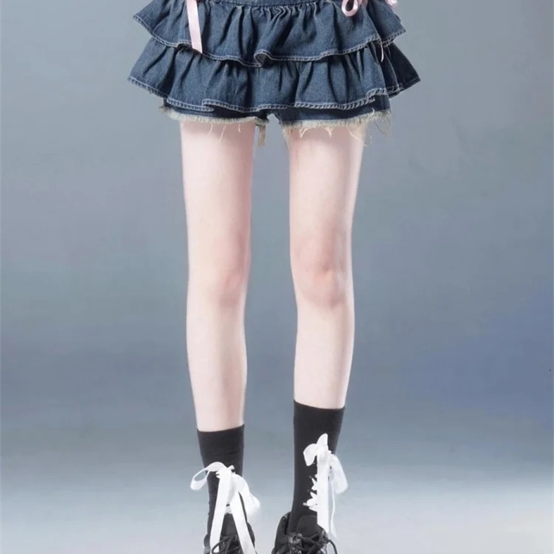 Blue Denim Pleated Skirt Bow Fold Womens A-line Short Skirt Built in Shorts American Spicy Girl Korean Fashion sweet 250228