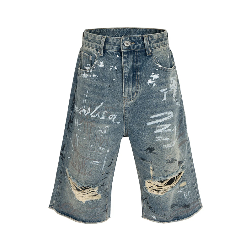 New Summer Hand Drawn Graffiti Ripped Seven Quarter Jeans Mens Straight Wide Leg Frayed Hole Blue Denim Shorts Oversized
