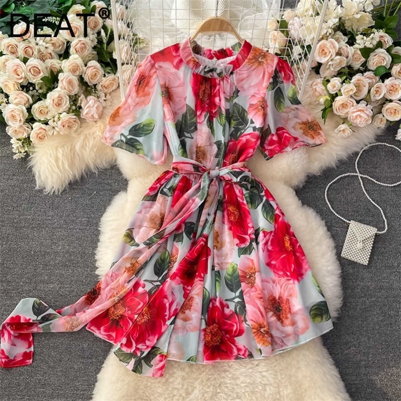 DEAT Women Prinitng Belt Dress Round Neck Short Sleeve Arrivals Lady Temperament Fashion Spring Summer 11D1404 210709