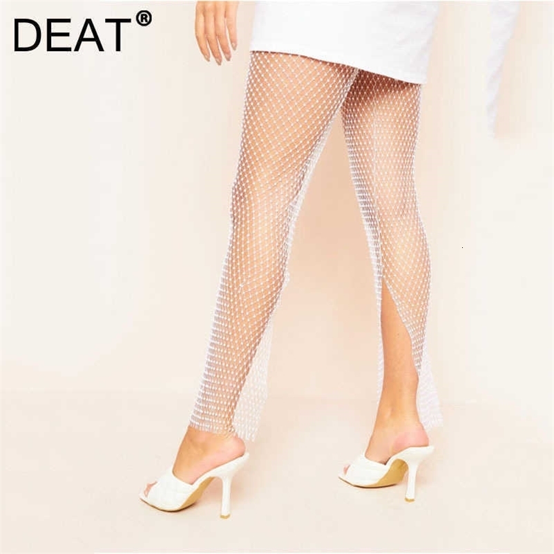 DEAT Women Grid Diamond Slit Hollow Out Pants Arrivals Temperament Fashion Spring Summer 11D1325 210709