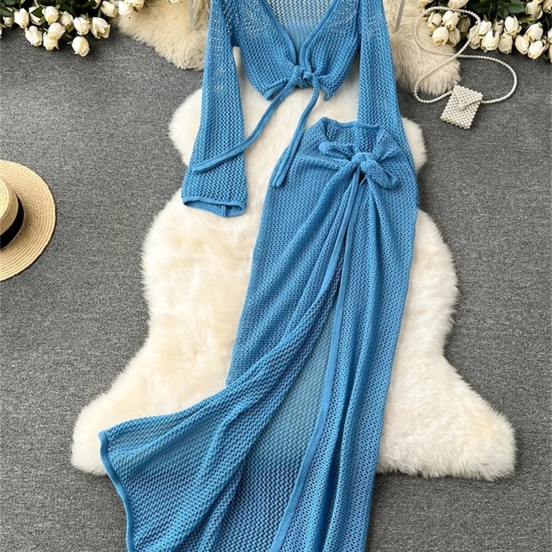 SINGREENY Vacation Two Piece Womens Long Sleeve V-neck Short Top Adjustable Waist Partial Style Long Sleeve Knitted Summer Beach Set 250423