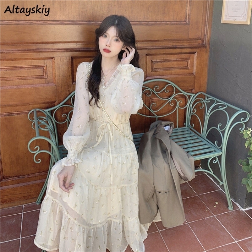 Basic Casual Dresses Dresses Women Summer V-neck Ruffles Tender Sweet Girlish Korean Style Leisure Gentle Midi Cupcake-dress Holiday Mujer Vestidos 23