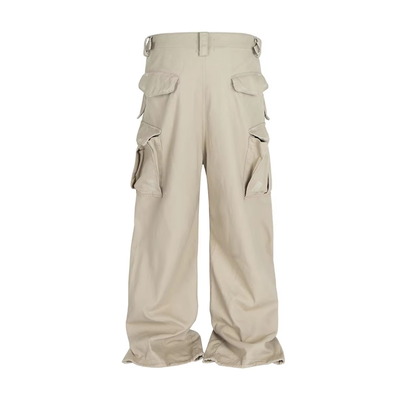 New Streetwear Knee Pleated Silhouette Baggy Cargo Pants for Men Solid Straight Casual Trousers Oversized Multipockets Pants