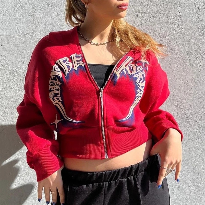 Y2k Aesthetics Red Zipper Hoodie Womens Autumn Retro Long Sleeve Printed Sweatshirt Gothic Hip Hop Jacket 250117