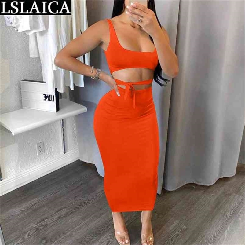 Summer Two Piece Set Women Solid Color Sling Tops and Long Skirt Sleeveless Lace Up Casual Backless 2 210515