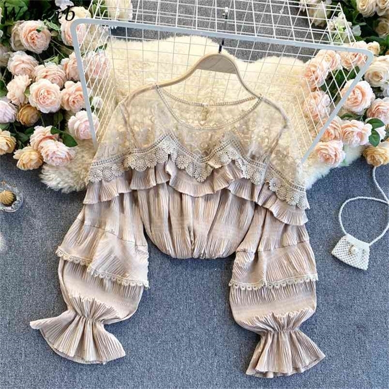 Women Sweet Ruffle Chiffon Blouse Spring Summer Long Sleeve Sexy Mesh Shirts Ladies Lace Blusas Korean Tops Clothes Mujer 210519