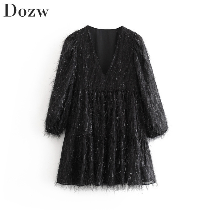 Women Mini Long Sleeve V Neck Solid Tassel Party Casual Loose Pleated Short Stylish Female Christmas Dress 210414