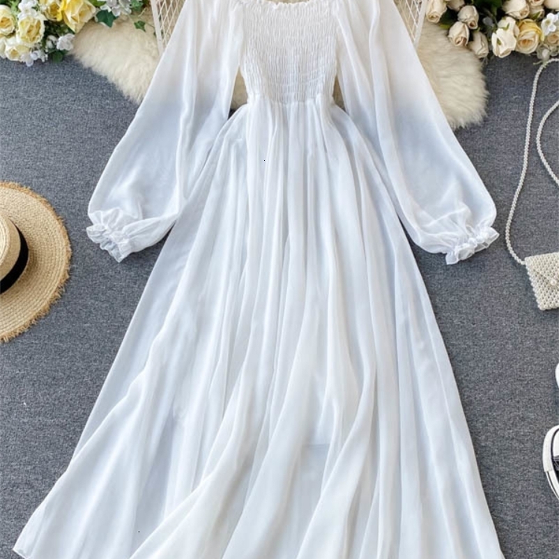 Casual Dresses LY VAREY LIN Spring Autumn Women Elegant Holiday Dresses Puff Sleeve Slash Neck Off Shoulder Smocked White Chiffon Dresses 230131
