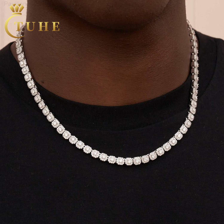 Fashion Hip Hop Jewelry Mens 6mm 925 Sterling Silver Micro Clustered VVS Moissanite Diamond Iced Out Halo Tennis Chain Necklace