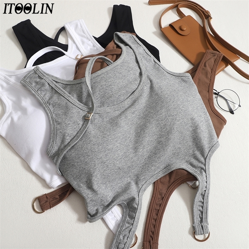 Camisoles Tanks ITOOLIN Cotton Women Tank Tops With Bra Pad Irregular Hem Crop Tops Knitted Solid Camisole For Women Motion Tank Tops 230426