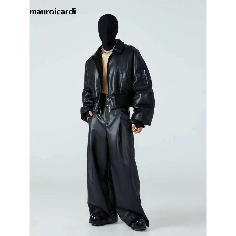 hoodie Mauroicardi Autumn Winter Short Thick Warm Black Pu Leather Jacket Men with Long Sleeve Zipper Casual Designer Clothes