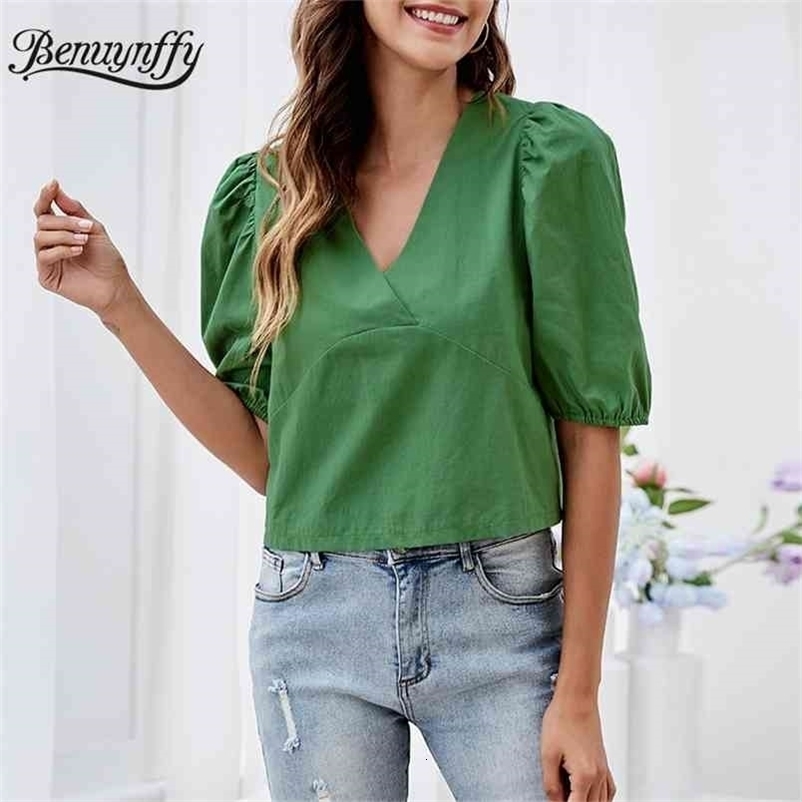 V-neck Solid Puff Sleeve Tops and Blouses Women Summer Short Cotton Casual Blouse Female Clothes 210510