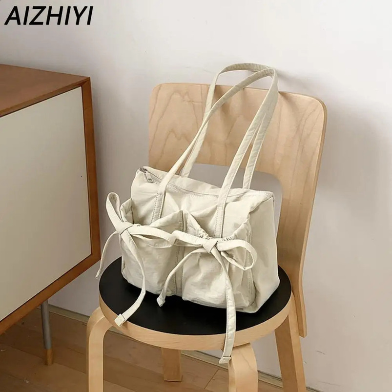 Fashion Shoulder Bag for Women Casual Tote Handbag with Bow Korean Top Handle Purse Nylon Underarm Bags Girls Female Clutch 240731