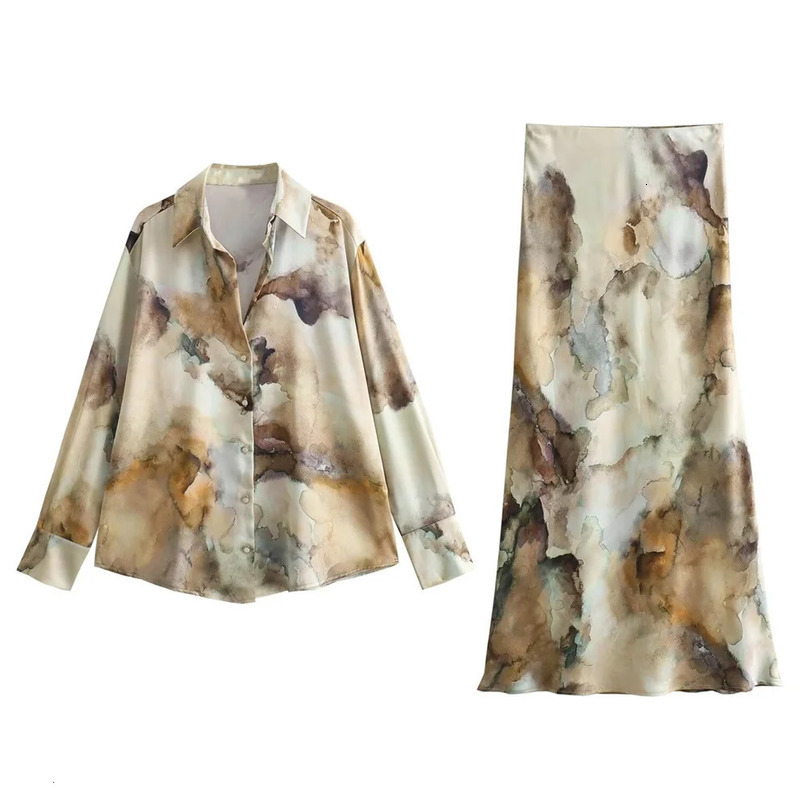 Zach Ailsa Spring Product Womens Tie Dyed Silk Satin Texture Shirt Fashion High Waist Skirt Casual Set 240423
