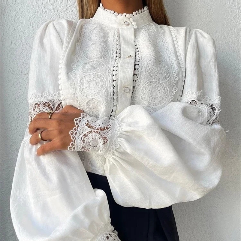 White Lace Blouses Women Elegant Solid Casual Lace and Button Hook Flower Hollow Puff Sleeves Blouse Top Lady Office Shirts 250318