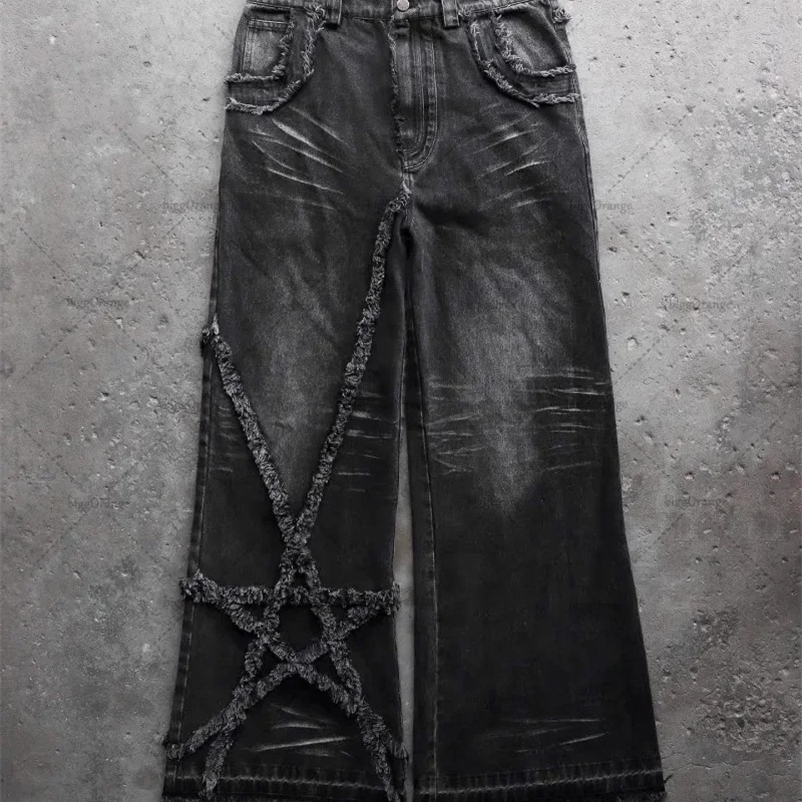 Harajuku fashion high-waisted baggy jeans High Street retro stars furred jeans Men y2k Goth casual straight leg wide-leg pants 240429