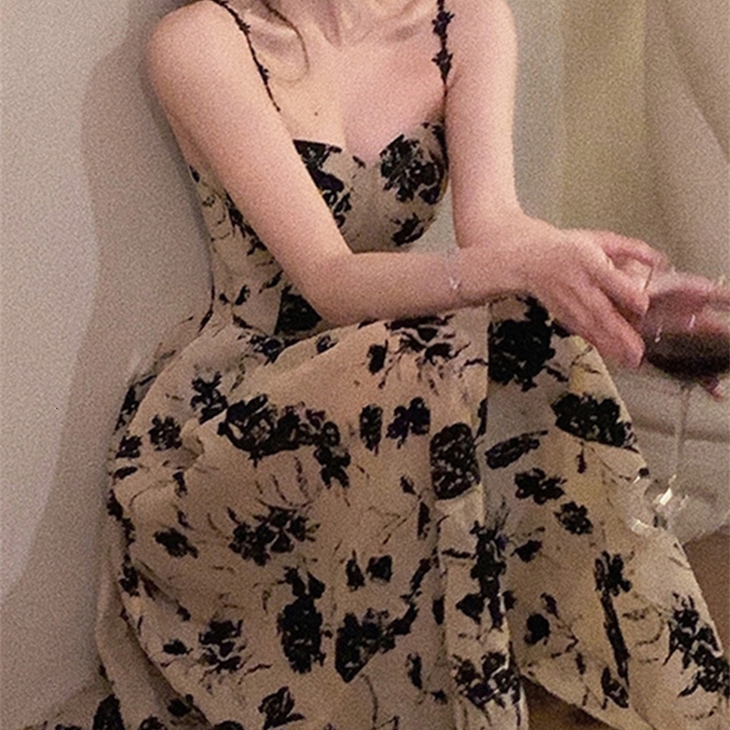Urban Sexy Dresses Jielur Summer Floral Strap Midi Dress Women Sleeveless Elegant Vintage Dress Evening Party Dress Korean Fashion 230707