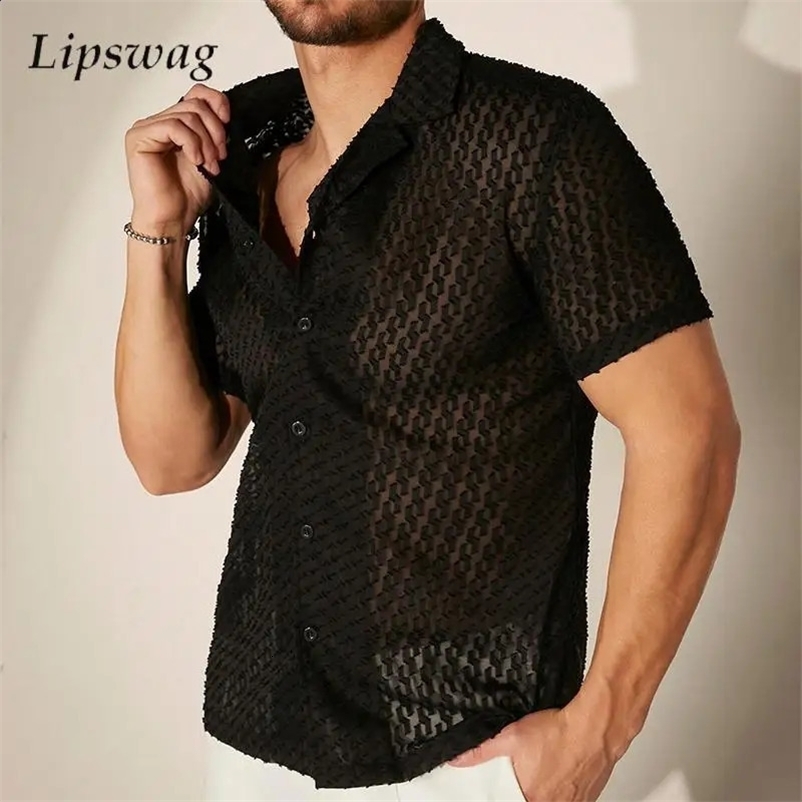 Fashionable hollow jacquard mesh shirt mens short sleeved button top transparent sexy summer mens breathable cardigan 250224