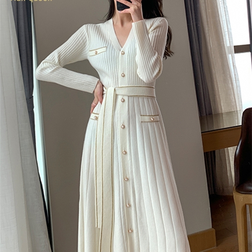 Casual Dresses H Han Queen Autumn Single-Breasted Casual Pullover Sweater Vestidos Elegant Simple Office Dress Women's V-Neck A-Line Dresses 2303