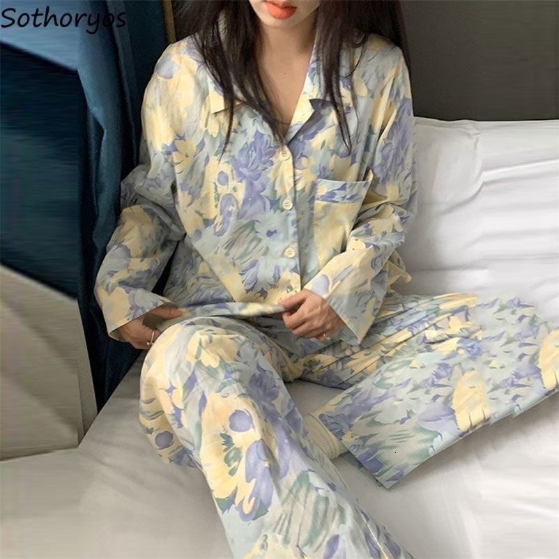 Women's Sleepwear Women Pajama Sets Spring Autumn Long Sleeve Floral Vintage Fashion Nightwear Loose Elegant Pyjamas Female Leisure2-piece M-3XL 