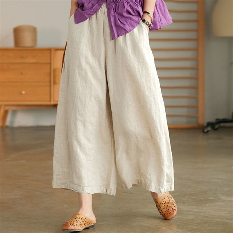 Capris Casual Simplicity Summer Solid Color Wide Leg Stylish Women's Clothing Elastic Waist Pockets Loose Vintage Cropped Pants 230422 Z260314